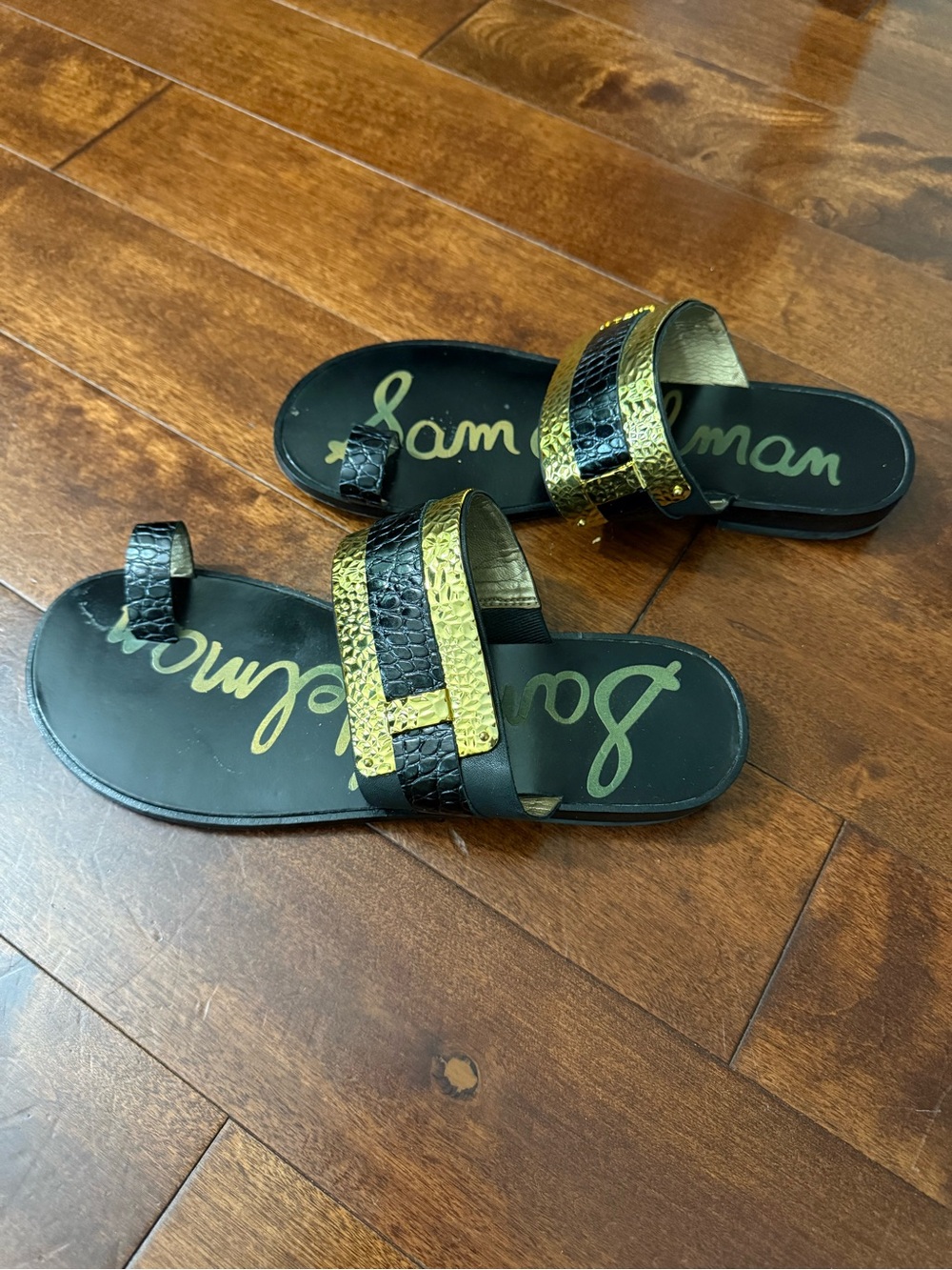 Sam Edelman Black and Gold Embossed Leather Slide Sandals